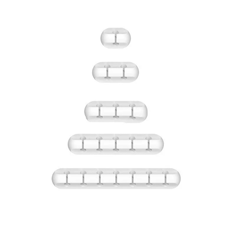 Set of white cable organizer snap clips with several cord routing channels