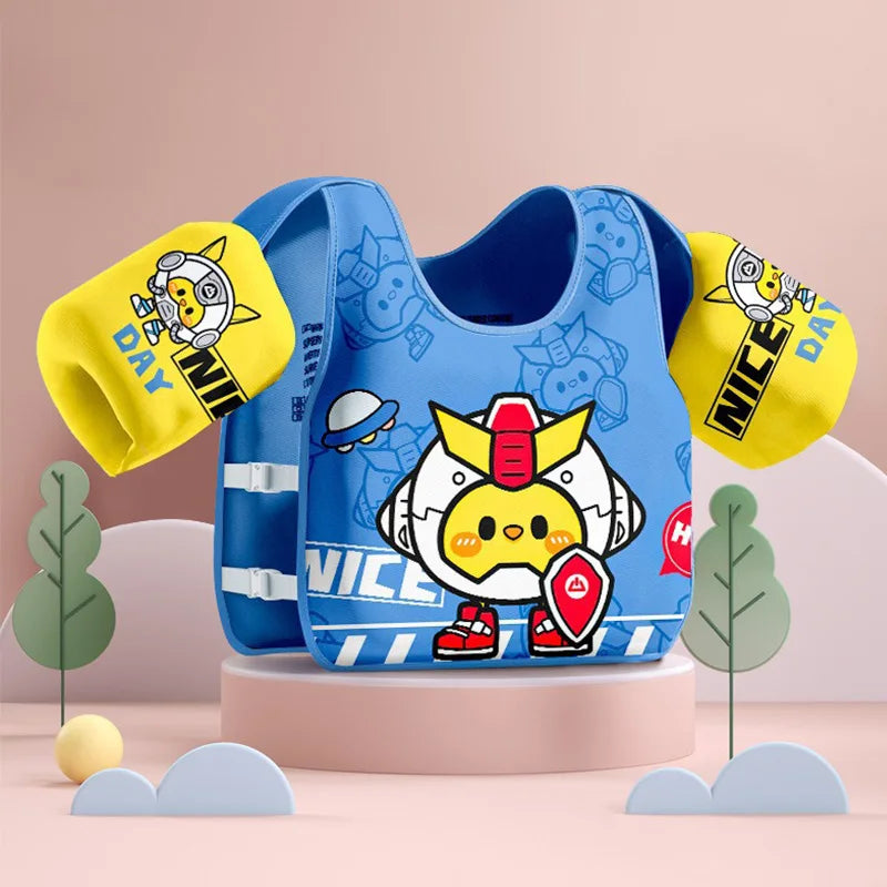 Blue swim buoyancy vest with yellow arm floats and cartoon animal print, adjustable buckles