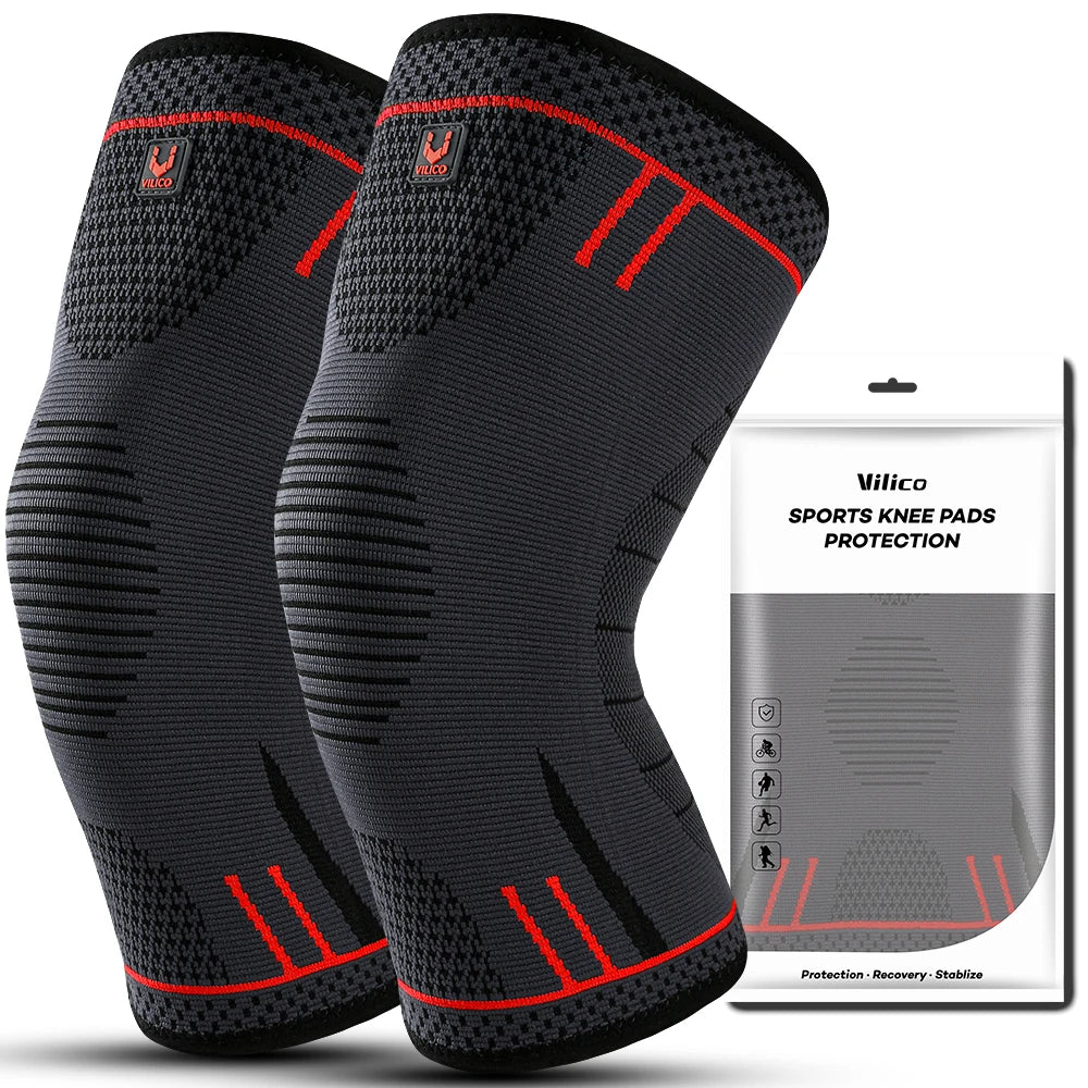 Black compression knee sleeves with red accents, breathable elastic knee pads pair