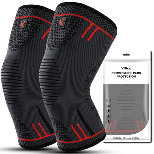 Black compression knee sleeves with red accents, breathable elastic knee pads pair