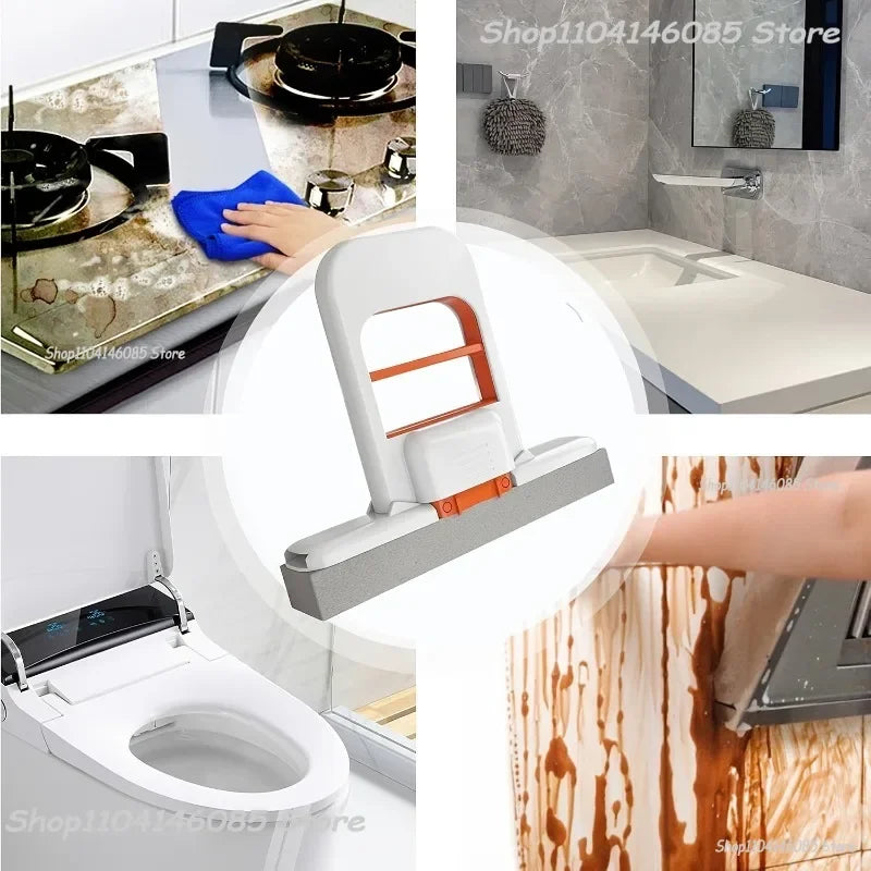 White and orange mini desktop mop at a toilet and sink edge, angled head for tight spots