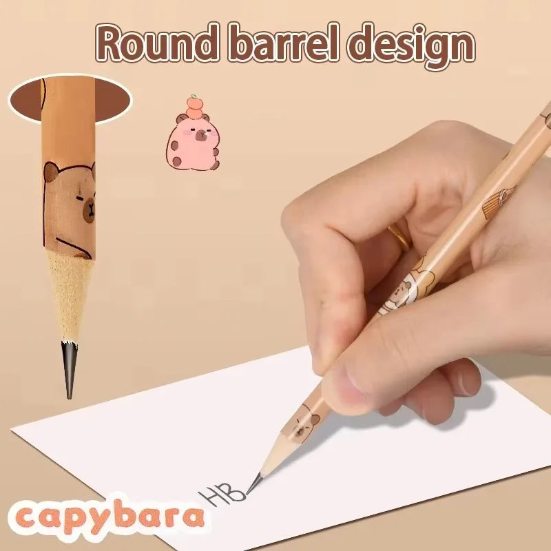 Hand writing with a capybara cartoon wooden HB pencil on white paper