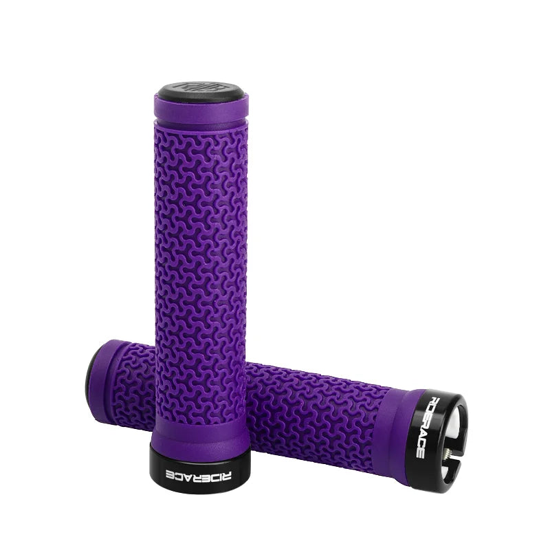 Purple rubber bicycle handlebar grips with textured pattern and locking end caps