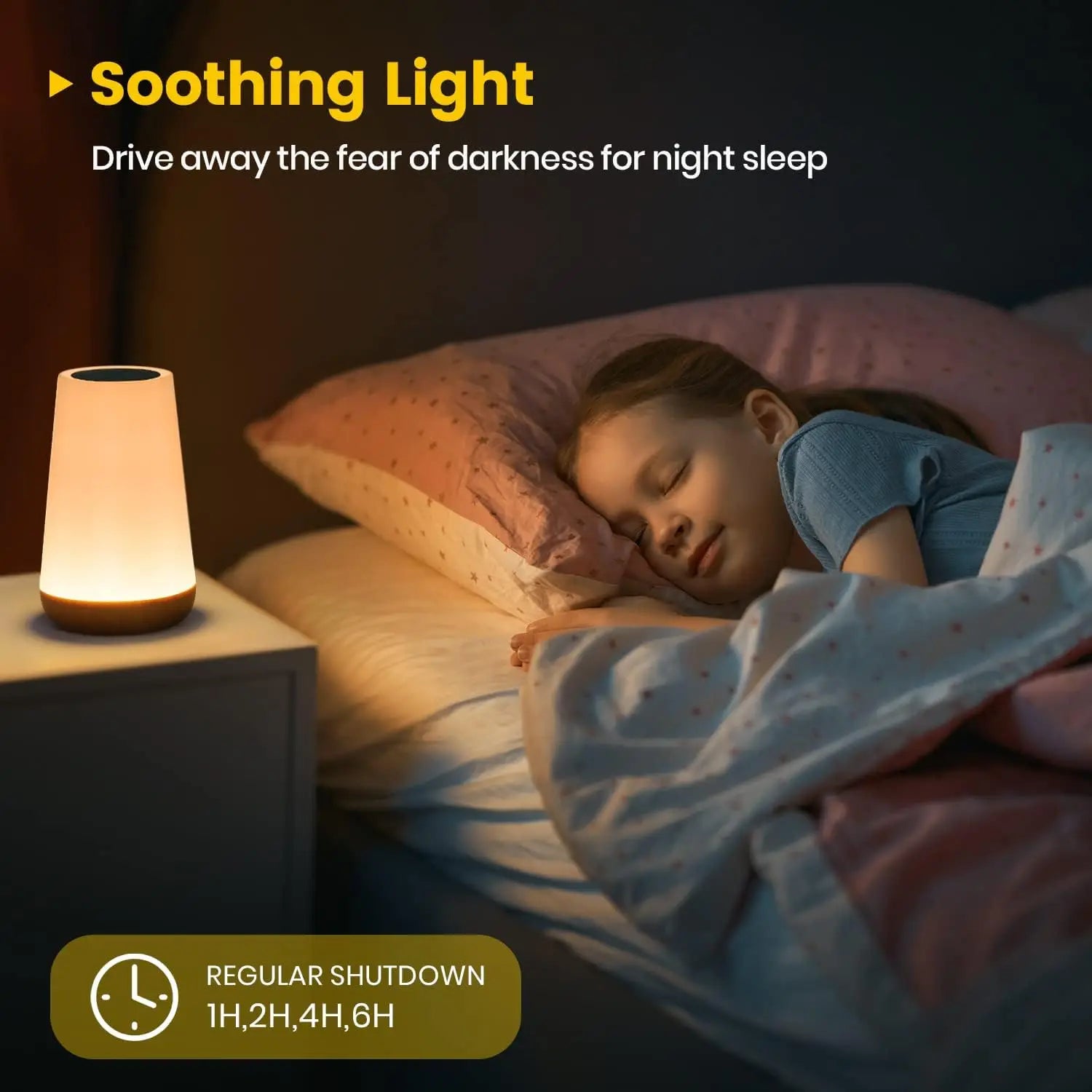 Portable touch night light glowing beside bed with soft warm light.