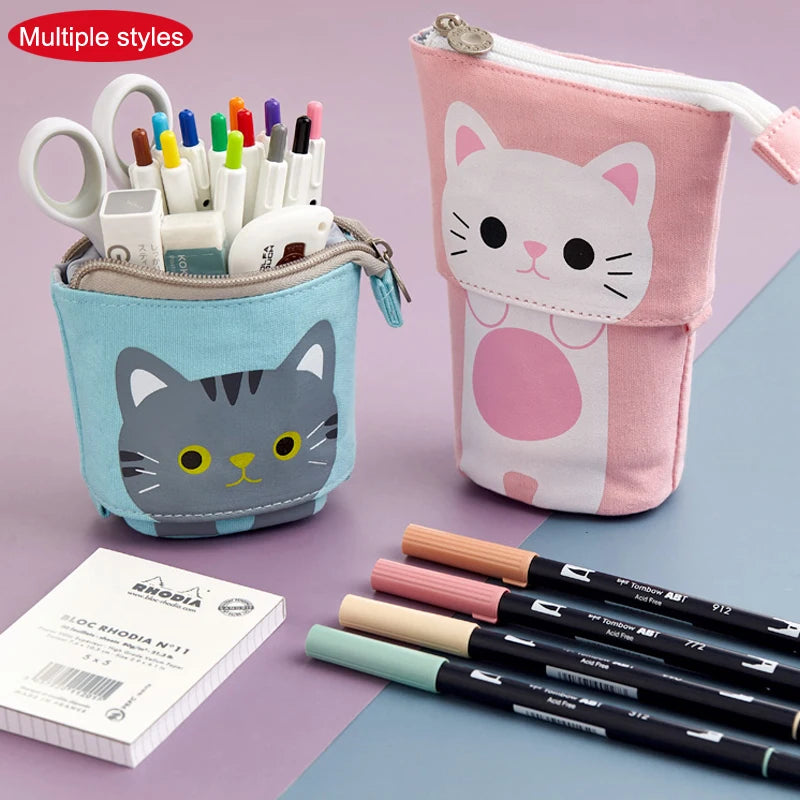 Pink cat face canvas zip pencil pouch with front pocket and small carry loop