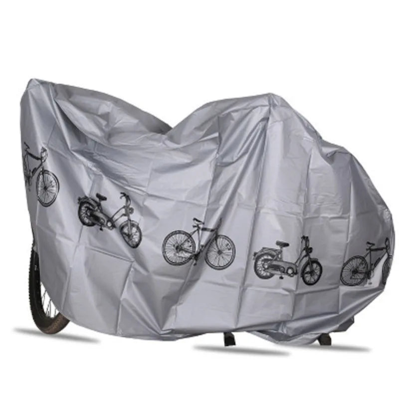 Light grey waterproof bike cover with printed bike icons and front cutout