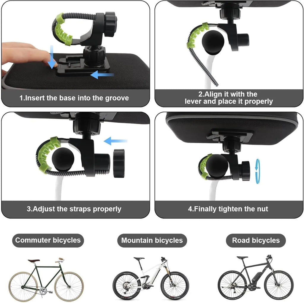 Black waterproof phone bag mounting steps with clamp base and adjustable straps