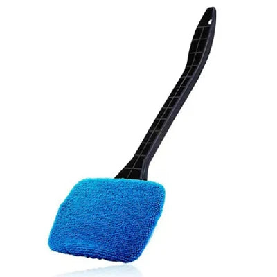 Car window cleaning brush with blue microfiber pad and curved black long handle.