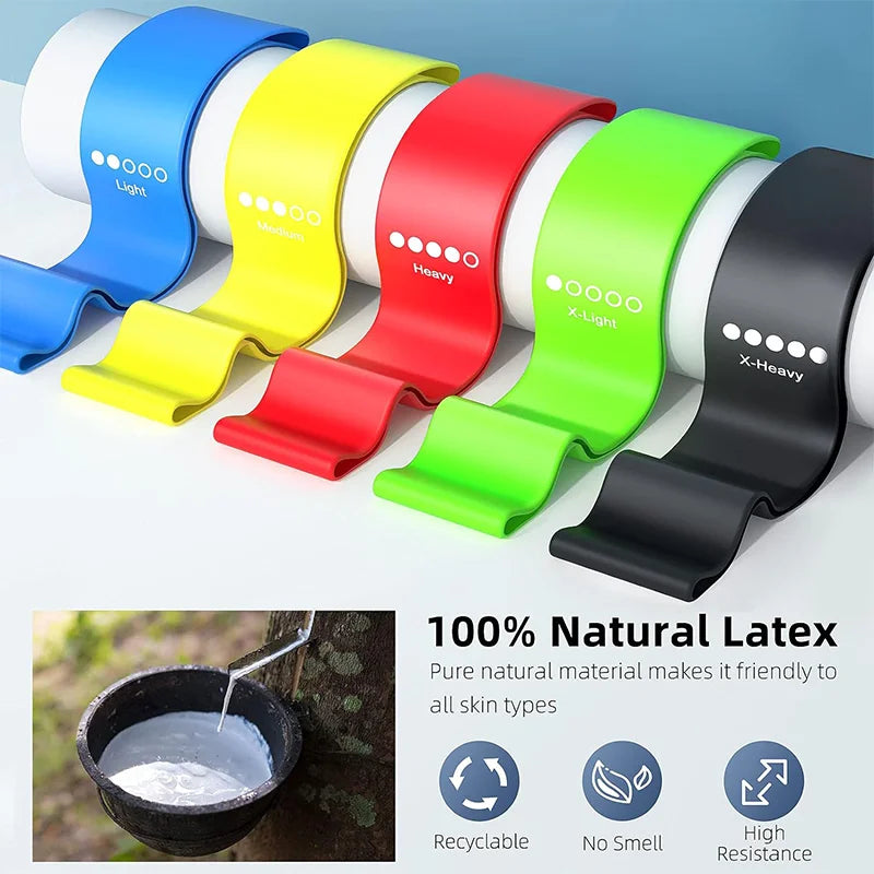 Five resistance loop bands stacked: blue, yellow, red, green, and black