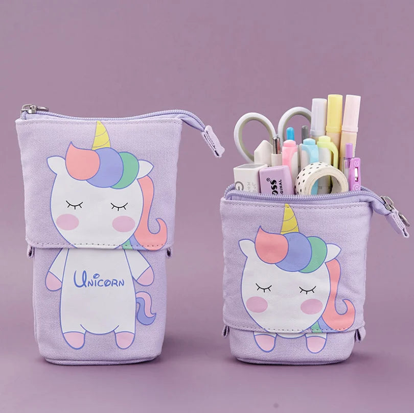 Lavender unicorn pencil case pouch with zipper and unicorn face graphic, showing pens