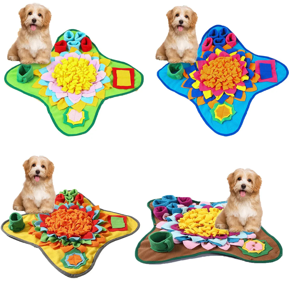 Multicolor snuffle mat with raised flower patch and fabric square pockets, multiple colors