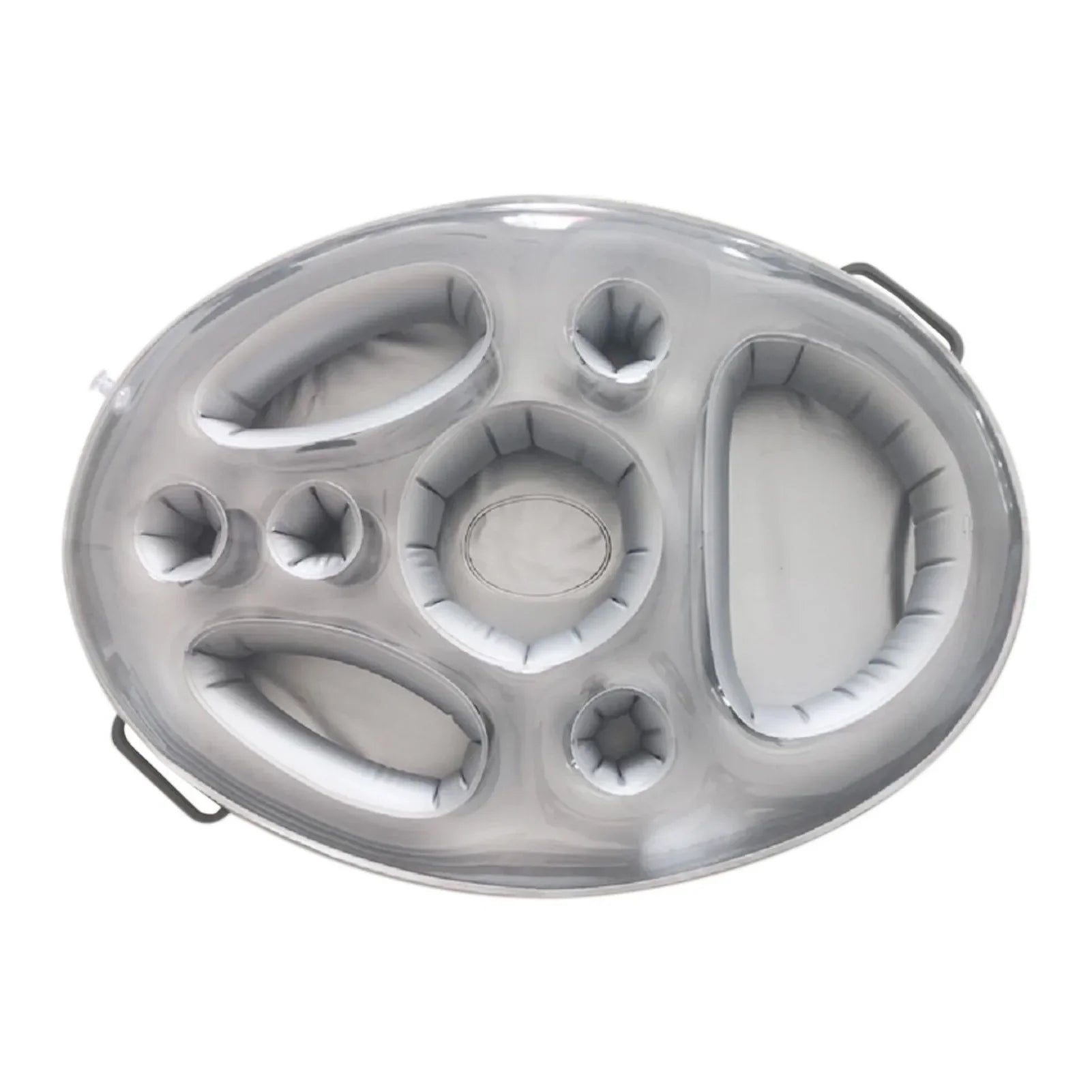 Gray inflatable drink cooler float top view with cup rings and bottle recesses