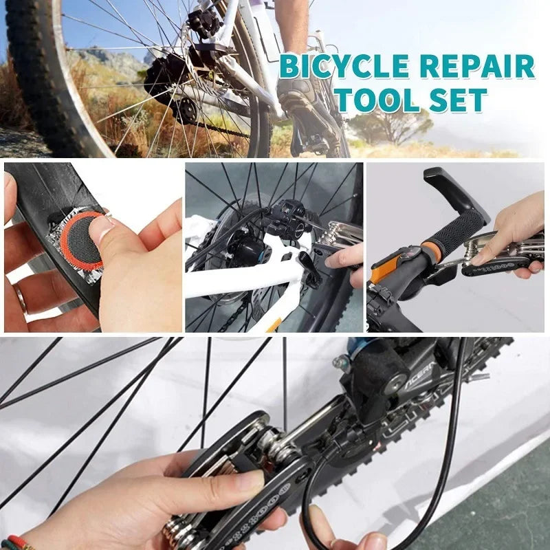 Bicycle repair multi-tool set with tire patch and tire levers