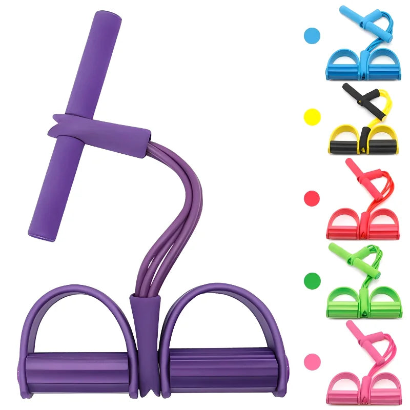 Purple four-tube pedal resistance band with foot pedals and padded center handle.