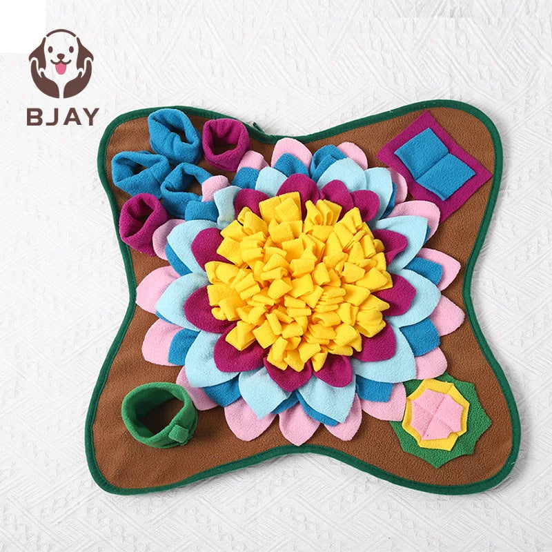 Brown fleece snuffle mat with green border, multicolor flower center, and square pockets