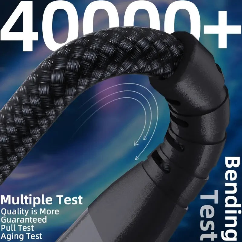 Black braided USB-C to USB-C charging cable with textured strain-relief section
