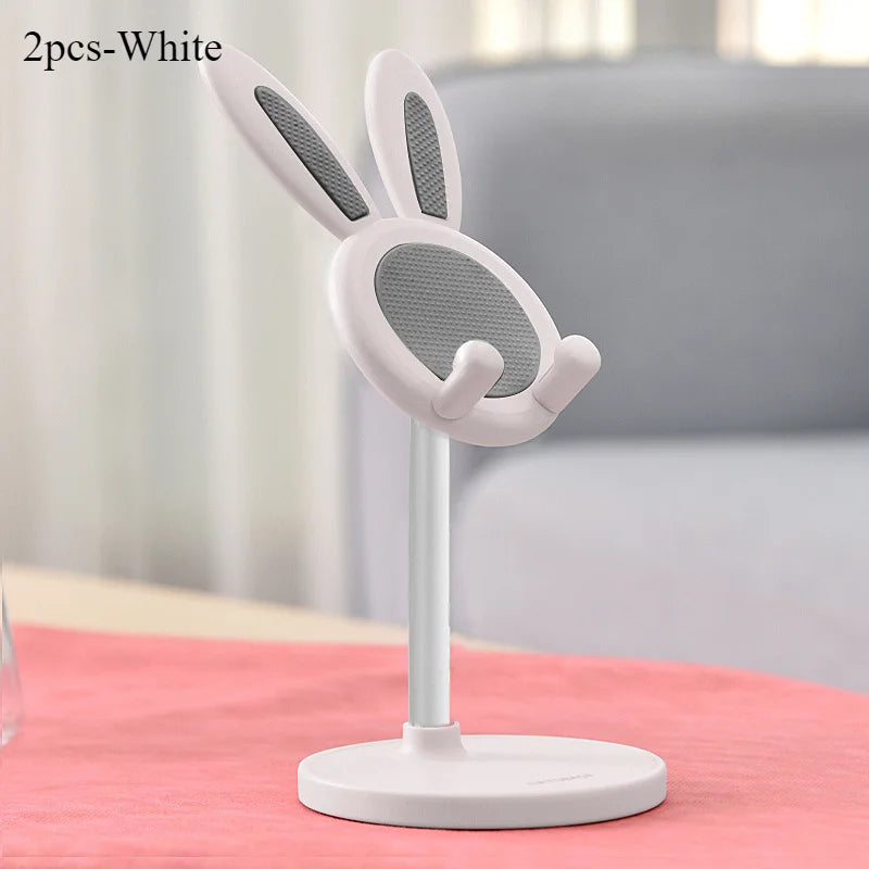 White rabbit phone stand with tall post, round mesh top, and flat circular base