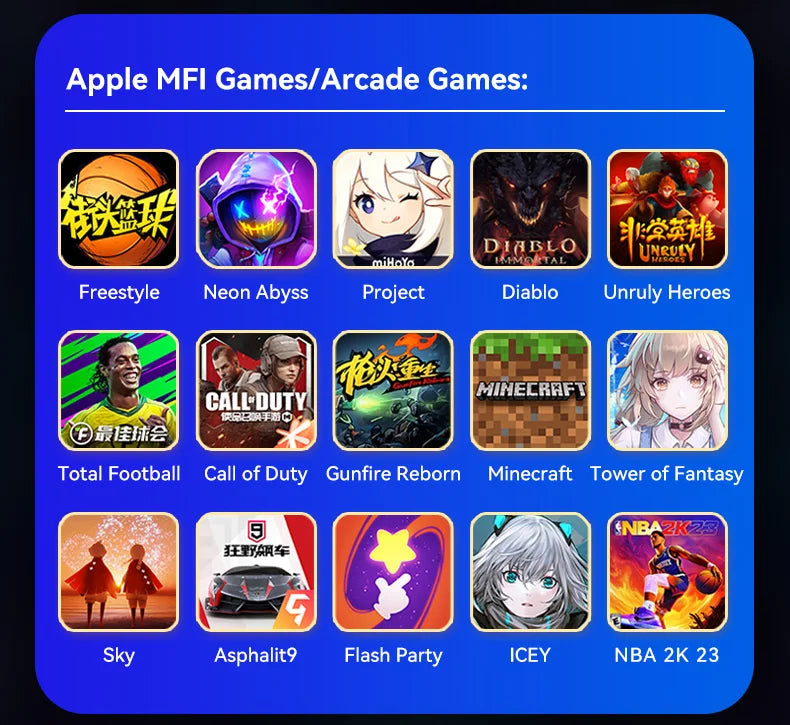 Apple MFI games compatibility screen with colorful game icon tiles