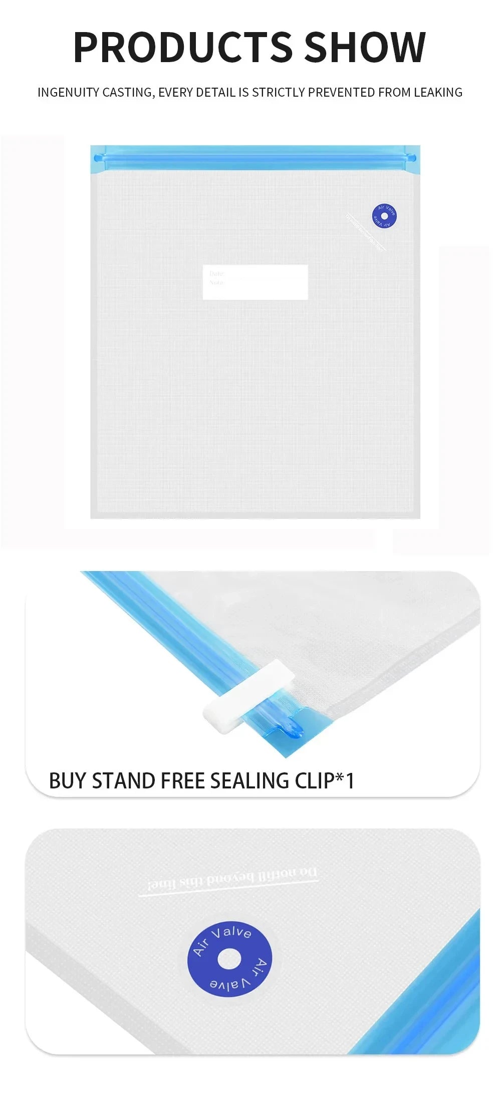 Filament vacuum storage bag with sealing clip and valve detail