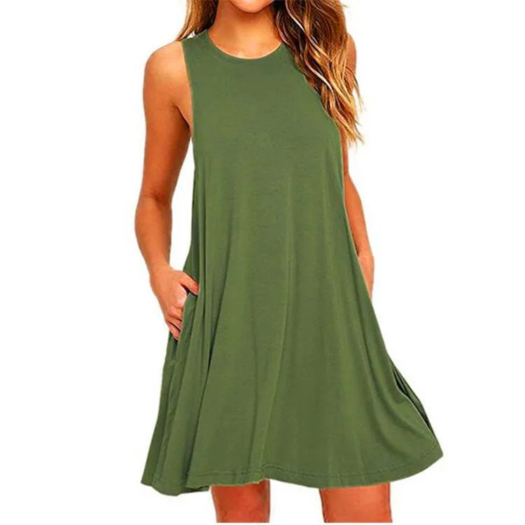 Olive green women's sleeveless swing T-shirt dress with side pockets