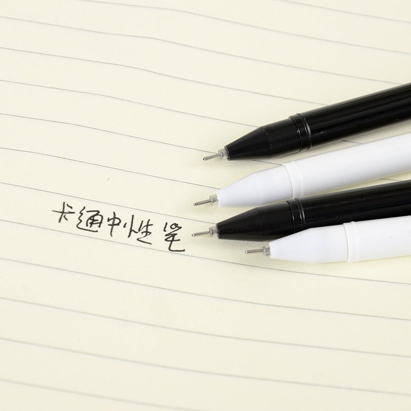 Kawaii cat gel pens, black and white barrels writing on lined paper, pointed tips