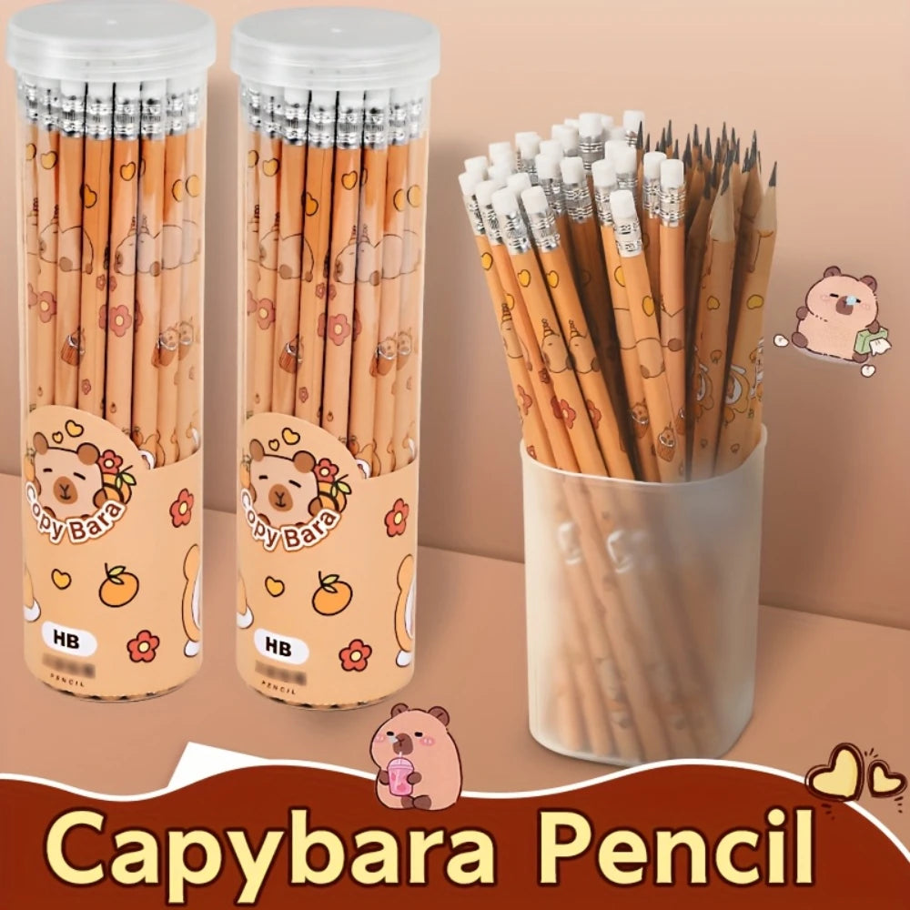 HB capybara cartoon wooden pencils set in clear plastic bucket