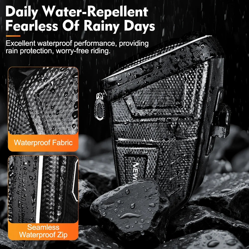 Black waterproof bicycle saddle bag with textured fabric and water-resistant zipper track