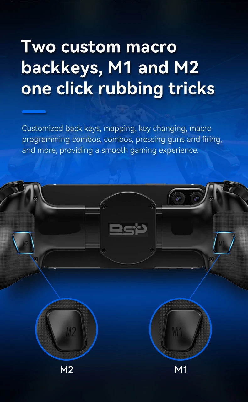 Black gamepad controller with two macro back buttons and front trigger grips