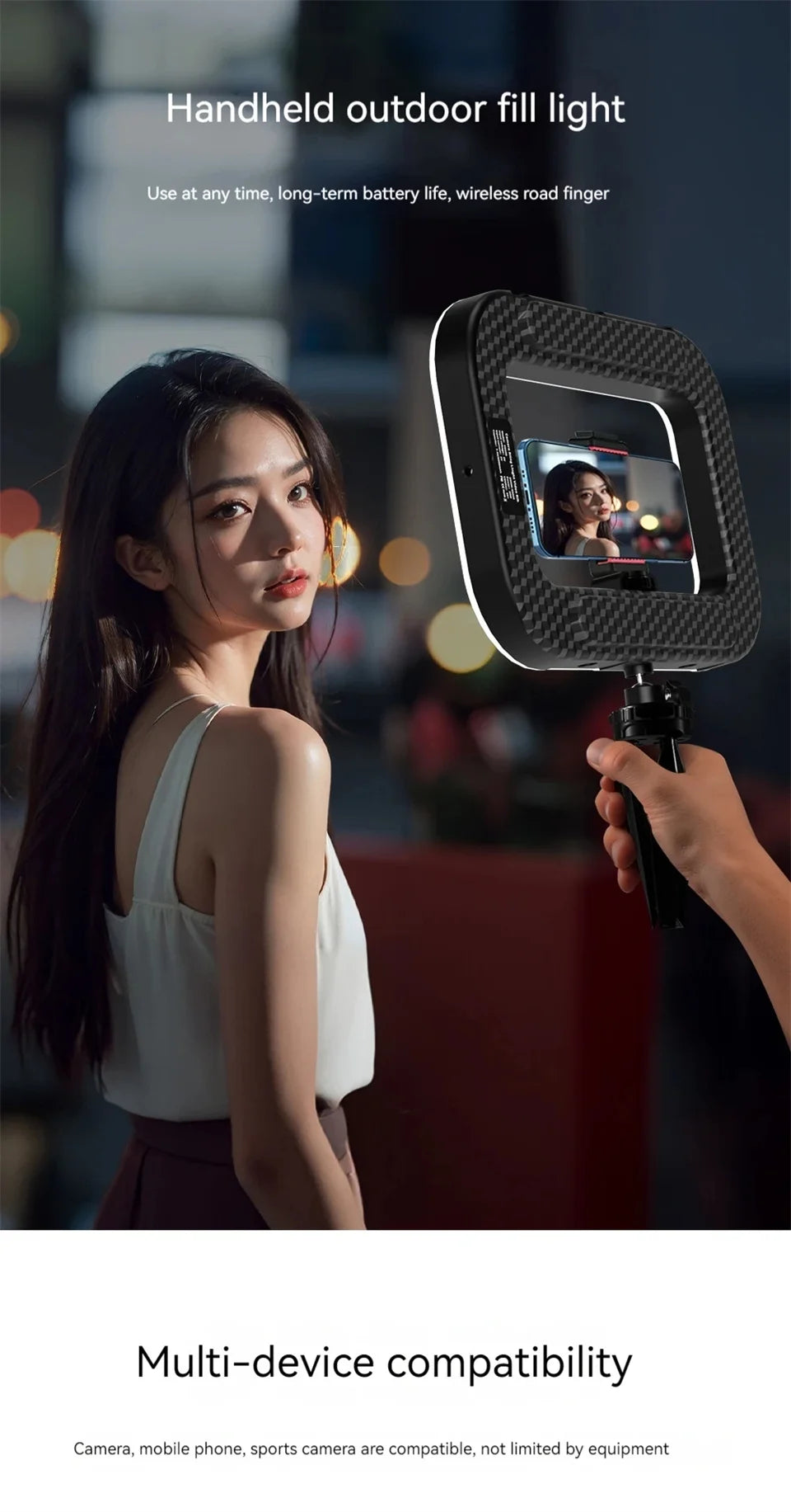 Handheld rechargeable LED fill light with phone mount, used for mobile live selfies