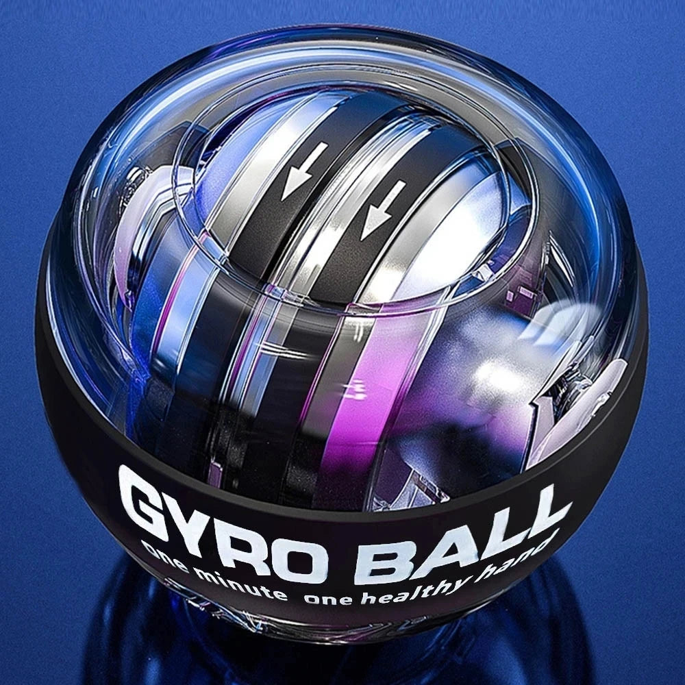 Chrome gyro ball with glowing light reflections, close-up of spinning core