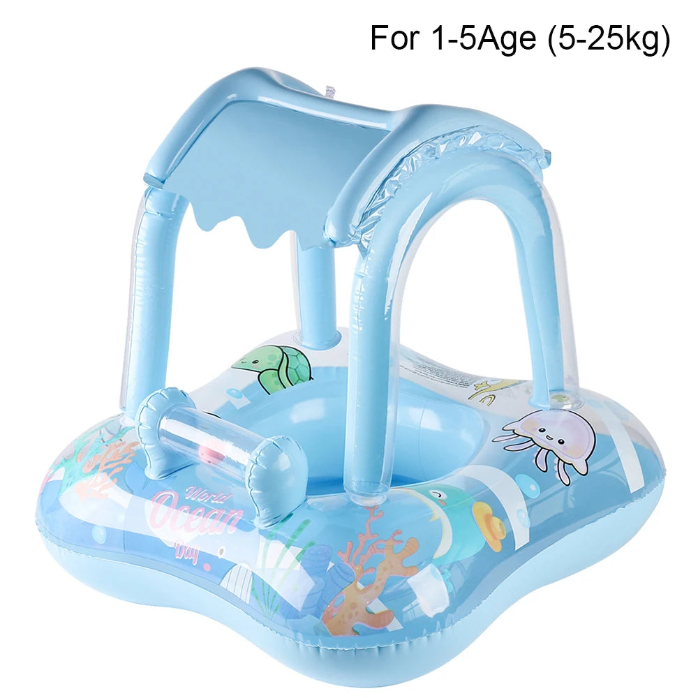 Blue inflatable pool float with canopy and cartoon sea animals, wide ring base