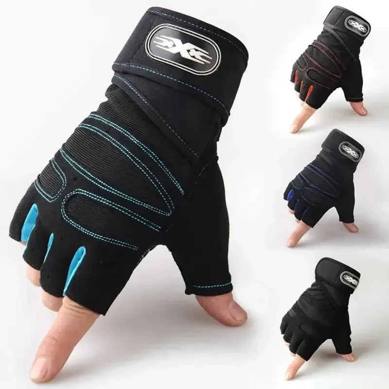 Black weight lifting gloves with blue/turquoise stitched padding and wrist logo patch.