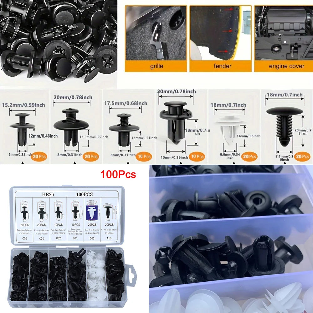 Auto push retainer clip kit with mixed black and white clips in organizer box