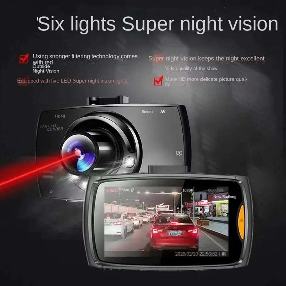 Night-vision dash camera with front lens, car display screen, compact black recorder