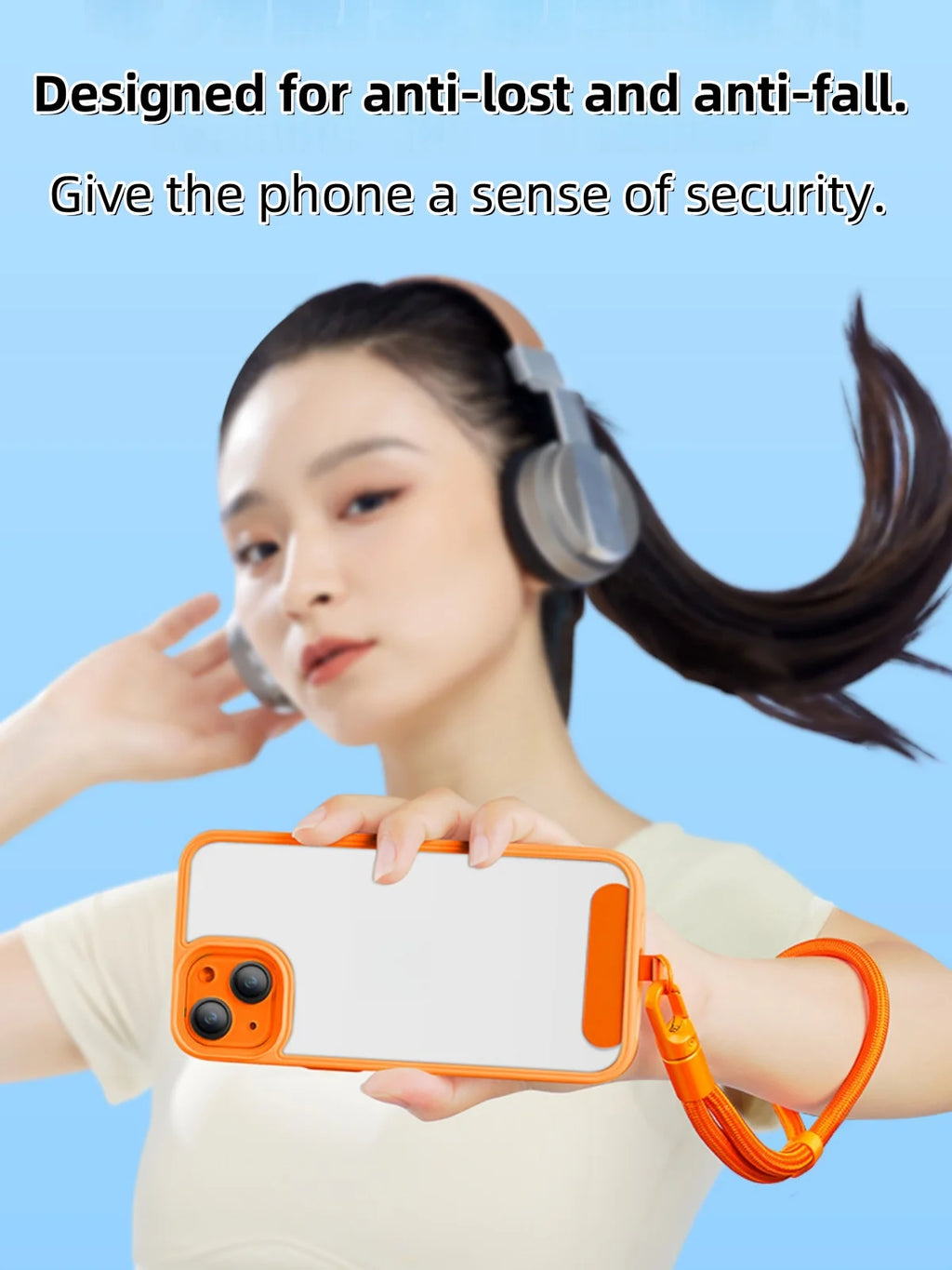 Orange polyester anti-drop phone wrist lanyard with self-locking clasp