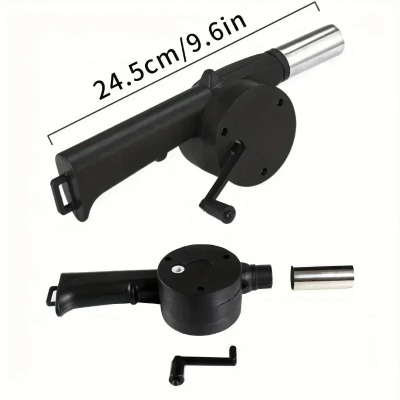 Portable manual BBQ air blower with crank handle and silver air tube, size shown