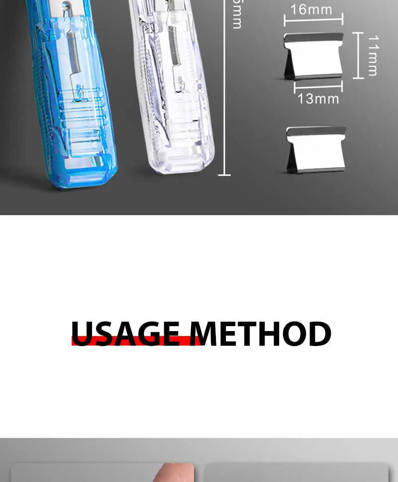 Mini reusable push stapler dispenser in blue and clear, with dimension labels