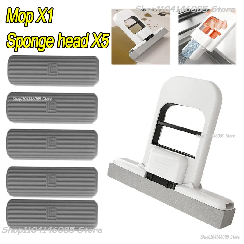Foldable desktop sponge mop with black handle and four gray replacement heads