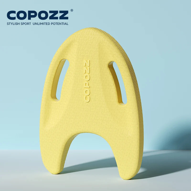 Yellow EVA swimming float board with two side hand grips and oval center opening