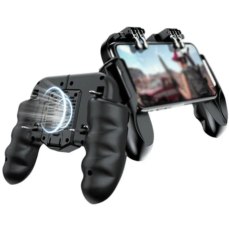 Black mobile gamepad controller with phone holder and fan radiator detail