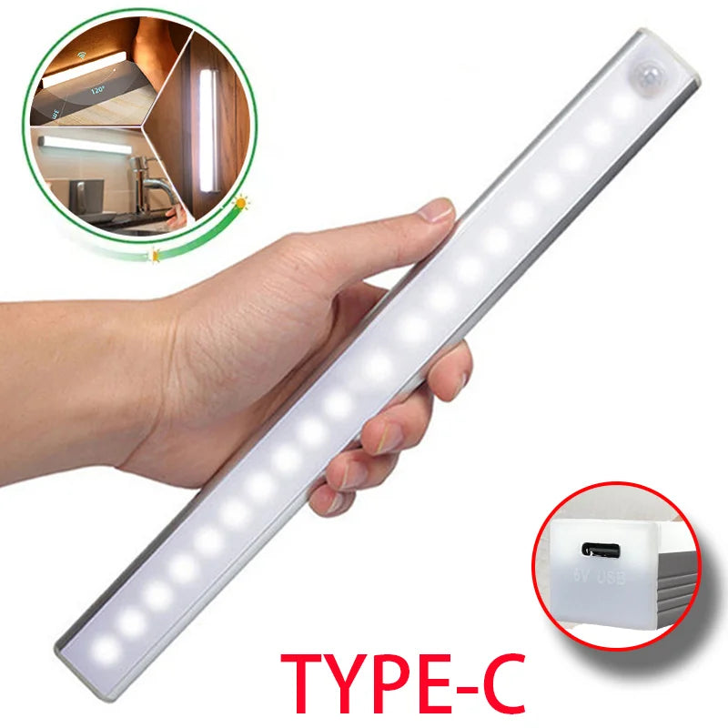 Hand holding a Type-C rechargeable motion sensor LED bar light with lens on top.