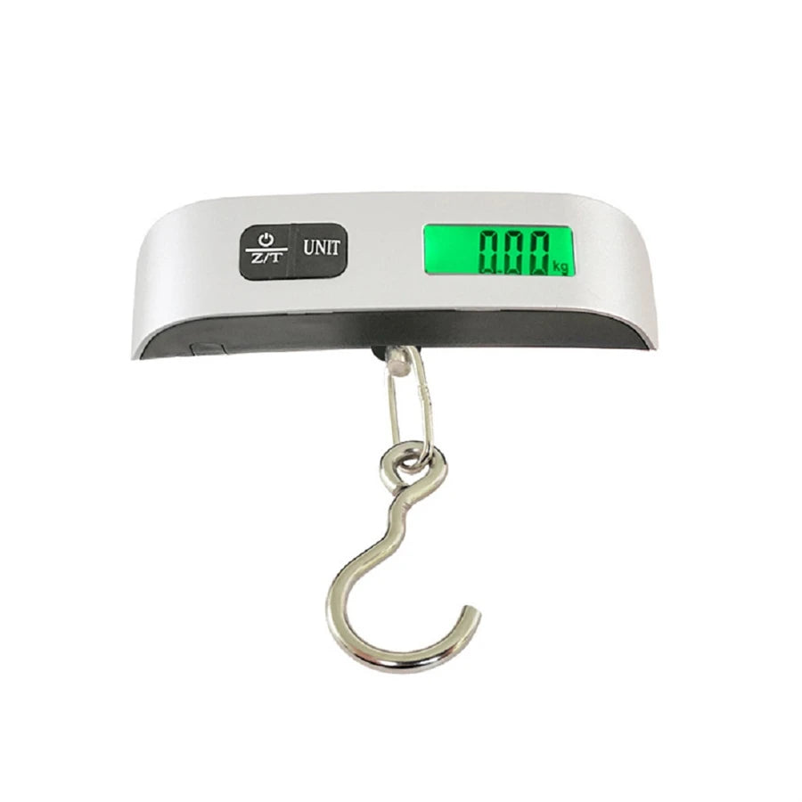 Hanging digital scale with green LCD display and chrome hook for luggage