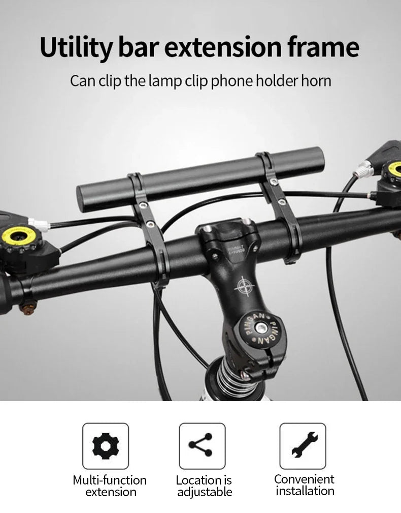 20cm bicycle handlebar light bracket extender on black handlebars with clamp mounts