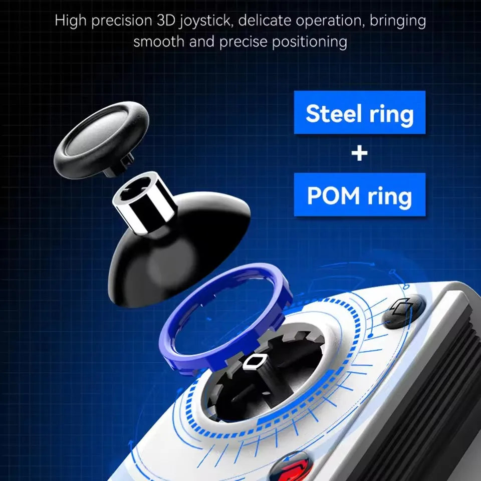 Wireless phone game controller joystick and analog trigger assembly, showing steel and POM rings