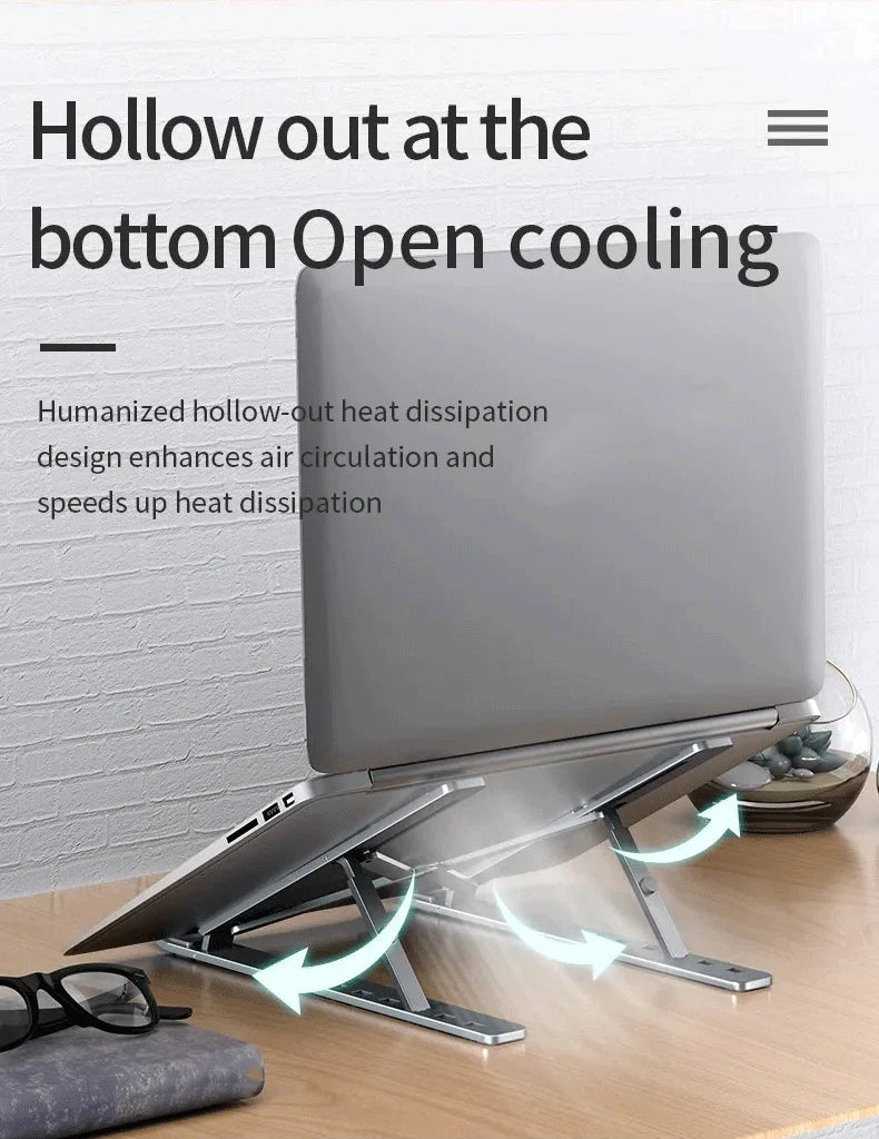 Foldable laptop stand with open-bottom cooling space and metal support frame