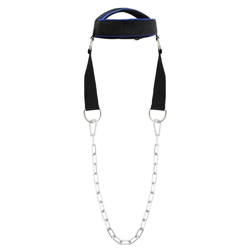Back view of black neck harness cap with blue trim and two chain-connected straps