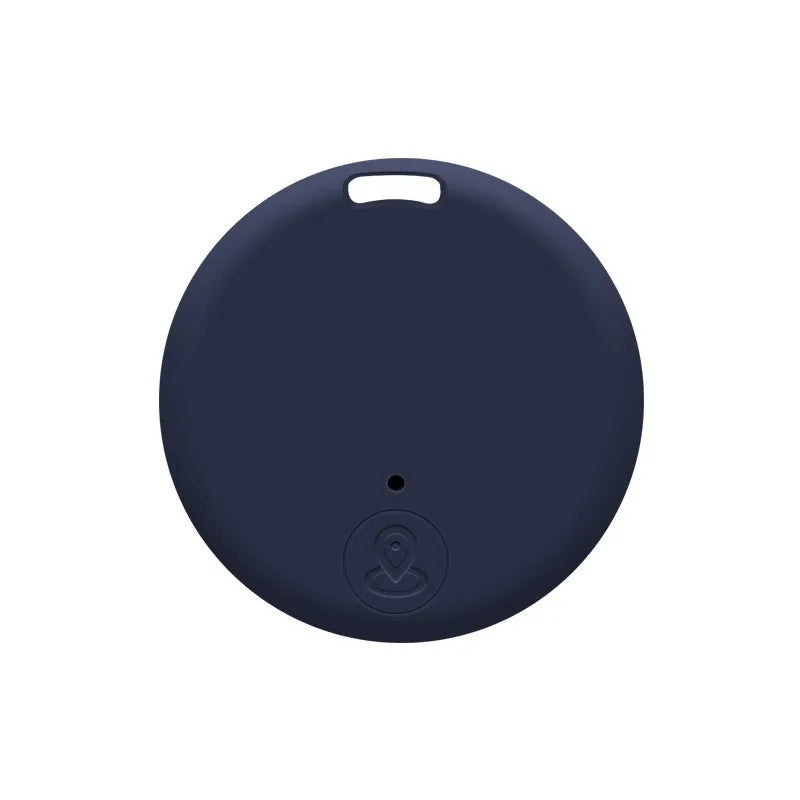 Round Bluetooth anti-lost alarm tracker, dark navy blue with raised control icon