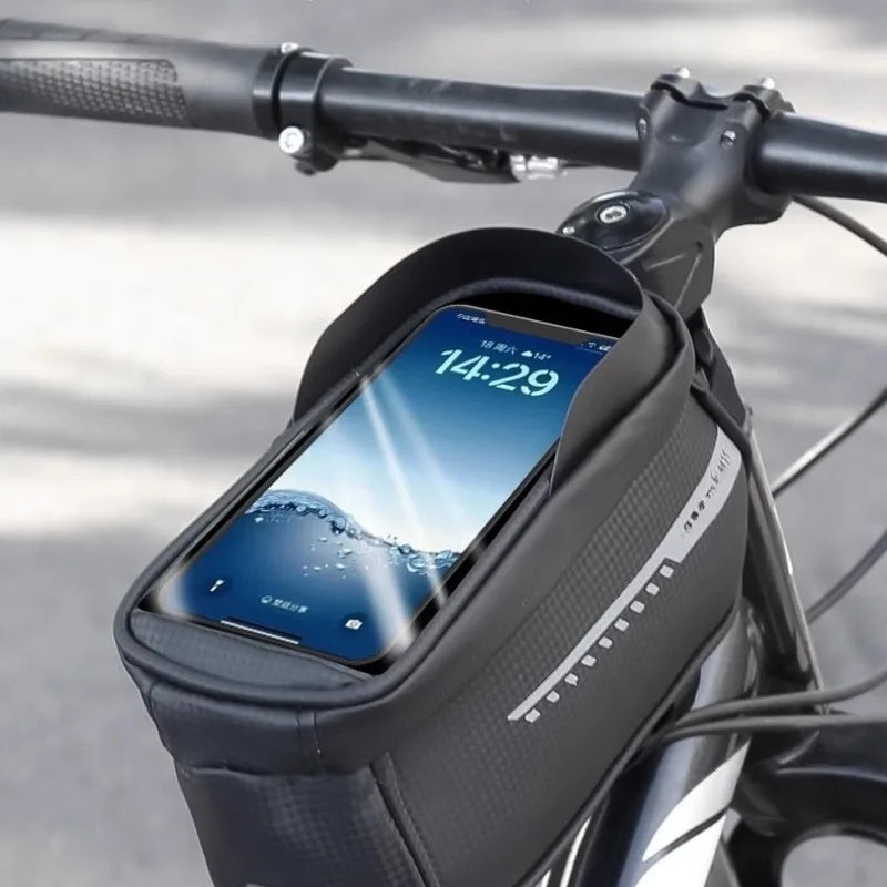 Black front bike frame bag with TPU touchscreen window showing a phone screen