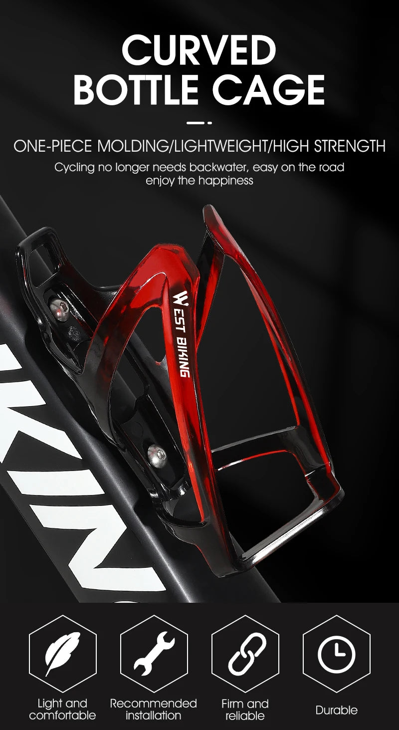 Curved one-piece bicycle bottle cage in red and black, lightweight bike bottle holder