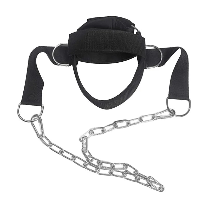 Black head and chin harness cap with two shoulder straps and linked steel chain